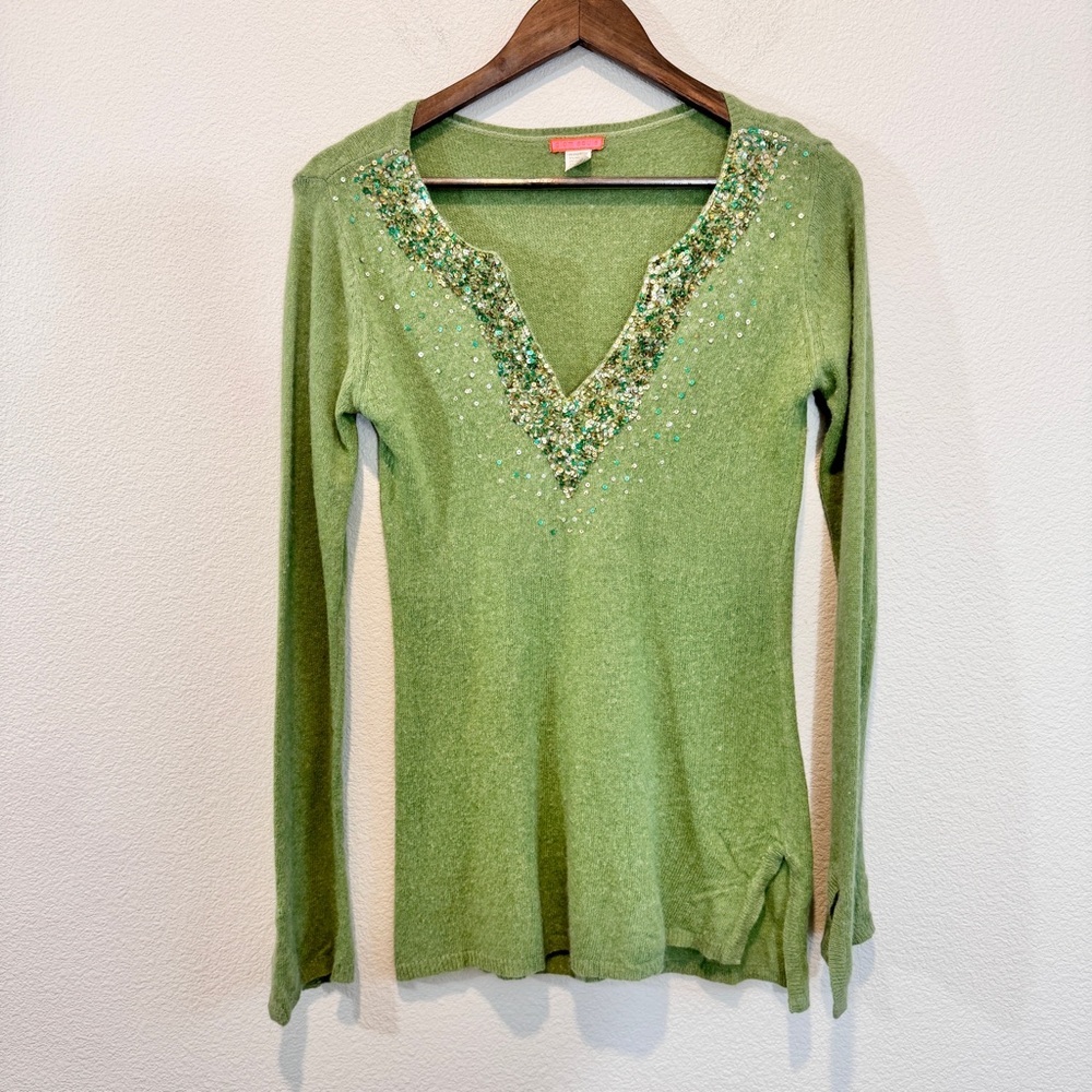 Glam Souls Green Cashmere Wool Blend Sequin V-Neck Sweater Y2K Embellished Top